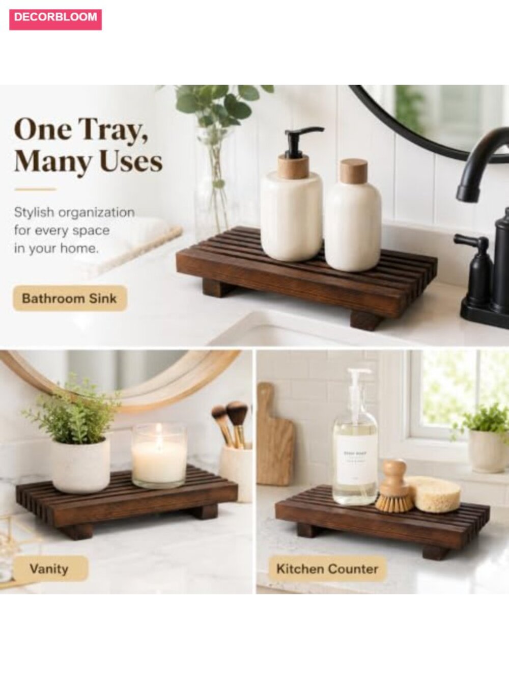 Wood Bathroom Sink Tray Farmhouse Decor Riser Soap Dispenser Holder Counter - Picture 6 of 6